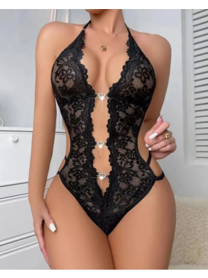 Sexy Heart-Shaped Lace Bodysuit Black-2XL
