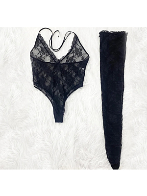 Sexy Deep V Neck Sexy Underwear Bodysuit - Stockings Set Black-XL