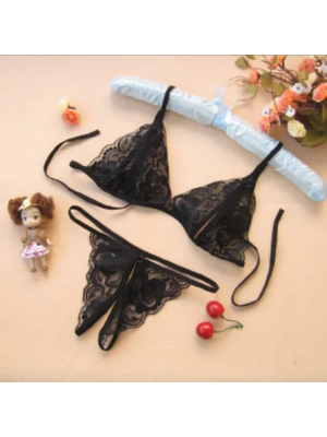 Black Bra+Underwear+Socks Open See-Through Bra Panty Set os