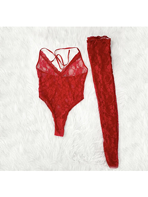 Sexy Deep V Neck Sexy Underwear Bodysuit - Stockings Set Red-L