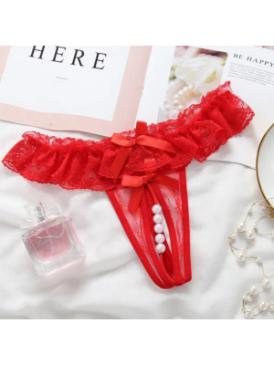 Lace Pearl Open Thong Red os