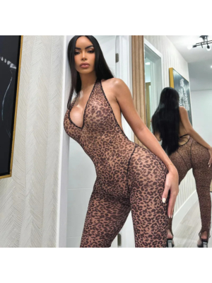 Leopard Printed Sexy V-Neck Backless Jumpsuits-M