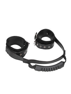 Bonded Leather Hand Cuffs With Handle - With Adjustable Straps